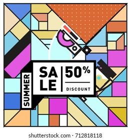 Summer sale retro memphis style web banner. Fashion and travel discount poster. Vector holiday Abstract colorful retro illustration with special offer and promotion.