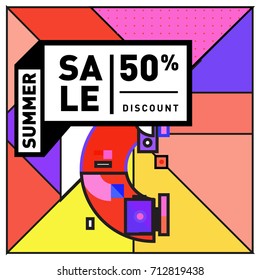 Summer sale retro memphis style web banner. Fashion and travel discount poster. Vector holiday Abstract colorful retro illustration with special offer and promotion.