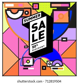 Summer sale retro memphis style web banner. Fashion and travel discount poster. Vector holiday Abstract colorful retro illustration with special offer and promotion.