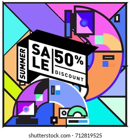 Summer sale retro memphis style web banner. Fashion and travel discount poster. Vector holiday Abstract colorful retro illustration with special offer and promotion.