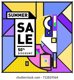 Summer sale retro memphis style web banner. Fashion and travel discount poster. Vector holiday Abstract colorful retro illustration with special offer and promotion.