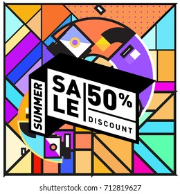 Summer sale retro memphis style web banner. Fashion and travel discount poster. Vector holiday Abstract colorful retro illustration with special offer and promotion.