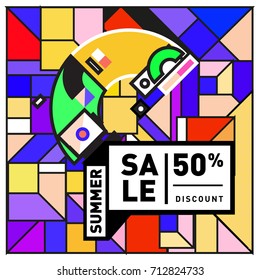 Summer sale retro memphis style web banner. Fashion and travel discount poster. Vector holiday Abstract colorful retro illustration with special offer and promotion.