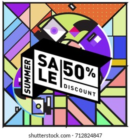 Summer sale retro memphis style web banner. Fashion and travel discount poster. Vector holiday Abstract colorful retro illustration with special offer and promotion.