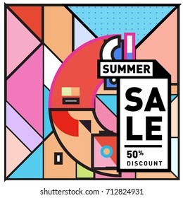 Summer sale retro memphis style web banner. Fashion and travel discount poster. Vector holiday Abstract colorful retro illustration with special offer and promotion.