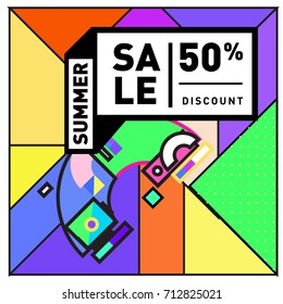 Summer sale retro memphis style web banner. Fashion and travel discount poster. Vector holiday Abstract colorful retro illustration with special offer and promotion.