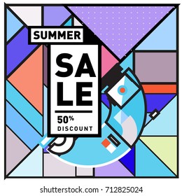 Summer sale retro memphis style web banner. Fashion and travel discount poster. Vector holiday Abstract colorful retro illustration with special offer and promotion.