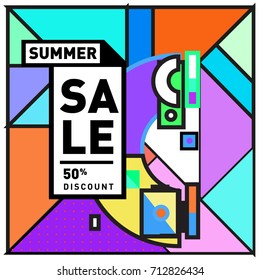 Summer sale retro memphis style web banner. Fashion and travel discount poster. Vector holiday Abstract colorful retro illustration with special offer and promotion.