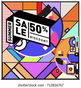 Summer sale retro memphis style web banner. Fashion and travel discount poster. Vector holiday Abstract colorful retro illustration with special offer and promotion.