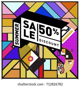 Summer sale retro memphis style web banner. Fashion and travel discount poster. Vector holiday Abstract colorful retro illustration with special offer and promotion.