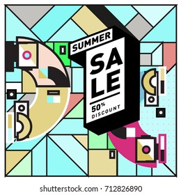 Summer sale retro memphis style web banner. Fashion and travel discount poster. Vector holiday Abstract colorful retro illustration with special offer and promotion.