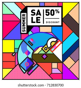 Summer sale retro memphis style web banner. Fashion and travel discount poster. Vector holiday Abstract colorful retro illustration with special offer and promotion.