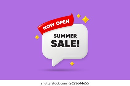 Summer sale ribbon speech bubble. Now open flag ribbon. Summer Sale tag. Special offer price sign. Advertising Discounts symbol. 3d sparkle stars speech bubble. Vector