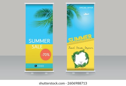 Summer sale roll up banner template with palm leaves,