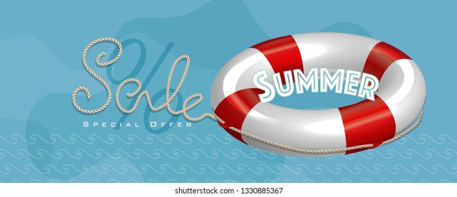 Summer sale with rope text style and lifebuoy marketing template. EPS 10 Vector Illustration for greeting card, ad, promotion, poster, flier, blog, article and social media.