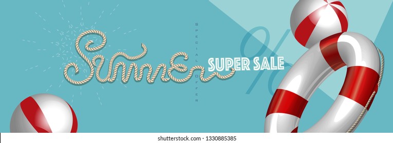 Summer sale with rope text style and lifebuoy marketing template. EPS 10 Vector Illustration for greeting card, ad, promotion, poster, flier, blog, article and social media.