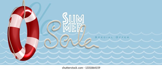 Summer sale with rope text style and lifebuoy marketing template. EPS 10 Vector Illustration for greeting card, ad, promotion, poster, flier, blog, article and social media.