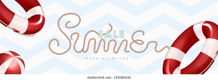 Summer sale with rope text style and lifebuoy marketing template. EPS 10 Vector Illustration for greeting card, ad, promotion, poster, flier, blog, article and social media.