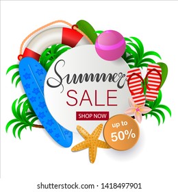 summer sale round banner with tropical leaves. Vector