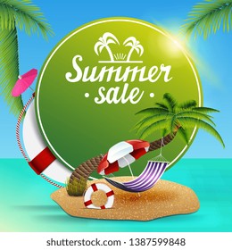 Summer sale, round green web banner for your business with palm tree, hammock and beach umbrella
