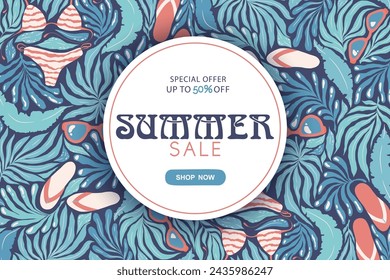 Summer sale round vector banner template with abstract tropical plants and beach attributes pattern isolated on blue background. Illustration for advertising, card, website, poster