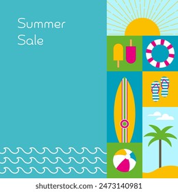 Summer Sale. Sales poster with sun, beach, waves, surfboard, palm tree and flip flops.