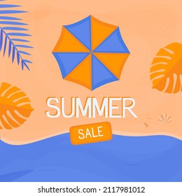 Summer sale. Sand and ocean. A color banner with an umbrella in a flat style. Top view.