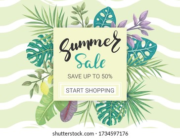 Summer Sale, Save up to 50%, Start Shopping. Banner with tropical leaves and plants