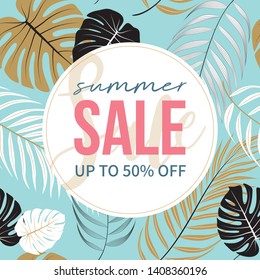 Summer sale seamless pattern with monstera and palm leaf on blue background.  Great for fabric, textile, cloth, wrapping and wallpaper.  vector illustration.