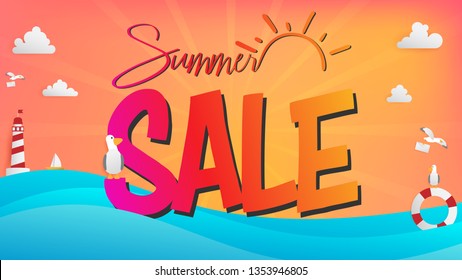 Summer sale season banner included paper craft elements are clouds, lighthouse, seagulls, and wave of sea. Artwork represented in retail advertising the word emphasized that the text had a large scale