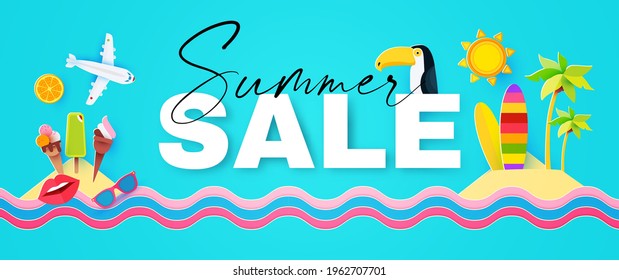 Summer sale. Season sale cute poster template with sun, plane, toucan, stand-up paddle and island with ice cream