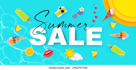 Summer sale. Season sale cute poster template with sea, sun and ice cream