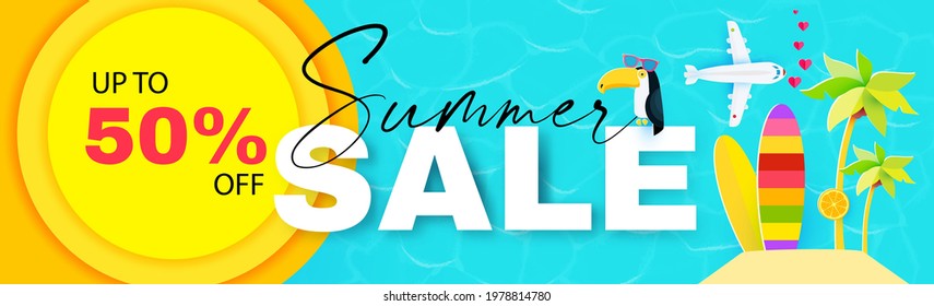 Summer sale. Season sale cute poster template with sun, plane, toucan, stand-up paddle and island