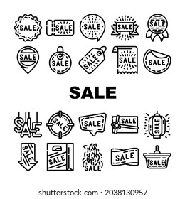 Summer Sale And Season Discount Icons Set Vector. Summer Sale Banner And Ribbon, Quote Frame And Present Gift Coupon, Label And Trinket, Lighting Lantern And Ceiling Lamp Contour Illustrations