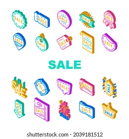 Summer Sale And Season Discount Icons Set Vector. Summer Sale Banner And Ribbon, Quote Frame And Present Gift Coupon Label And Trinket, Lighting Lantern Ceiling Lamp Isometric Sign Color Illustrations