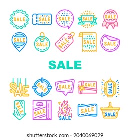 Summer Sale And Season Discount Icons Set Vector. Summer Sale Banner And Ribbon, Quote Frame And Present Gift Coupon, Label And Trinket, Lighting Lantern And Ceiling Lamp Line. Color Illustrations