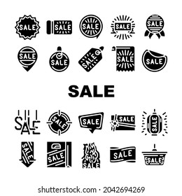 Summer Sale And Season Discount Icons Set Vector. Summer Sale Banner And Ribbon, Quote Frame And Present Gift Coupon, Label And Trinket, Lighting Lantern And Lamp Glyph Pictograms Black Illustrations