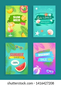 Summer sale, season discount shaped ribbon and spot, vector banner. Beach party theme, inflatable ring, seashore and cocktail, fruit and palm leaves