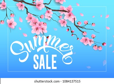 Summer sale seasonal advertising design with sakura twig on sky blue background. Typed and calligraphic text can be used for banners, labels, flyers, signs, posters.