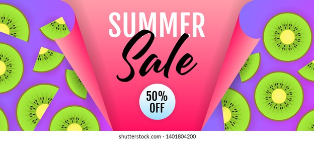 Summer sale seasonal banner design. Kiwifruit slices and 50 percent off sticker on purple and pink background. Vector illustration can be used for posters, flyers, coupons