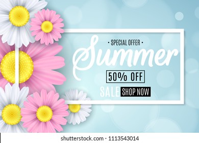 Summer sale. Seasonal banner. Multicolored flowers on a light blue background. Glare bokeh. Calligraphic text. Vector illustration. EPS 10