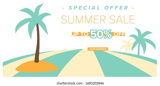 Summer sale seasonal header or banner with palm trees and advertising text. EPS 10.