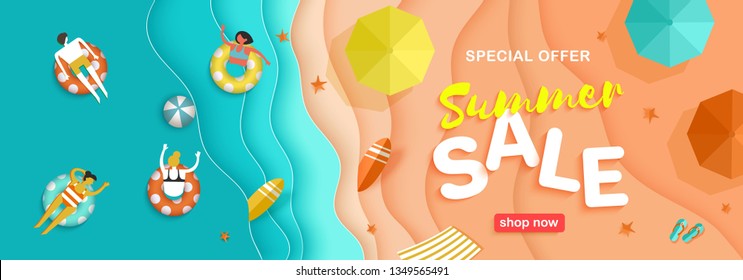 Summer sale seasonal horizontal banner with beach, sea waves, sand, bathing and playing beach volleyball people in style cut out of paper, Multi-layered effect vector illustration