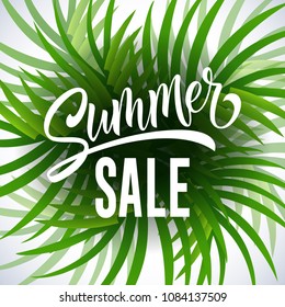 Summer sale seasonal poster design with palm leaves on white background. Typed and calligraphic text can be used for banners, labels, flyers, signs.