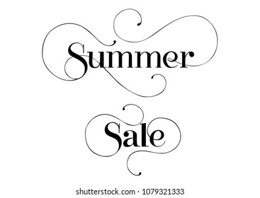 Summer sale seasonal sign template. Handwritten text with swirls can be used for flyers, leaflets, banners, posters.
