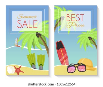 Summer sale set of banner, brochures, flyers, posters. Best price. Vacation on seaside with palms, flippers, surf, hat, sunglasses, starfish, shell, sailboat. Discount for summer equipment.