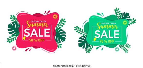 Summer sale set banner template. Sale promotional material vector illustration with abstract geometric background