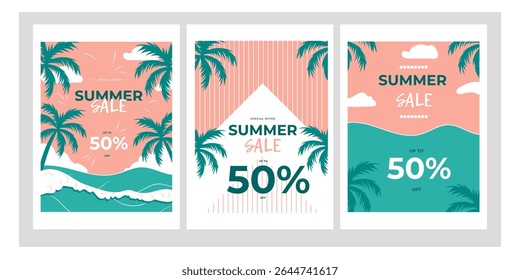 Summer Sale. A set of discount flyers and posters. Beach theme, green sea and pink sky. Vector illustration. Template for promotions and shopping for summer