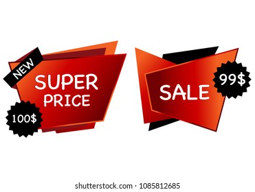 Summer sale set isolated vector banner red black gradient color on white background. Special discount label modern icon offer ribbon illustration. Sticker price off tag for flyer, poster, web 