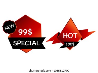 Summer sale set isolated vector banner red black gradient color on white background. Special discount label modern icon offer ribbon illustration. Sticker price off tag for flyer, poster, web 